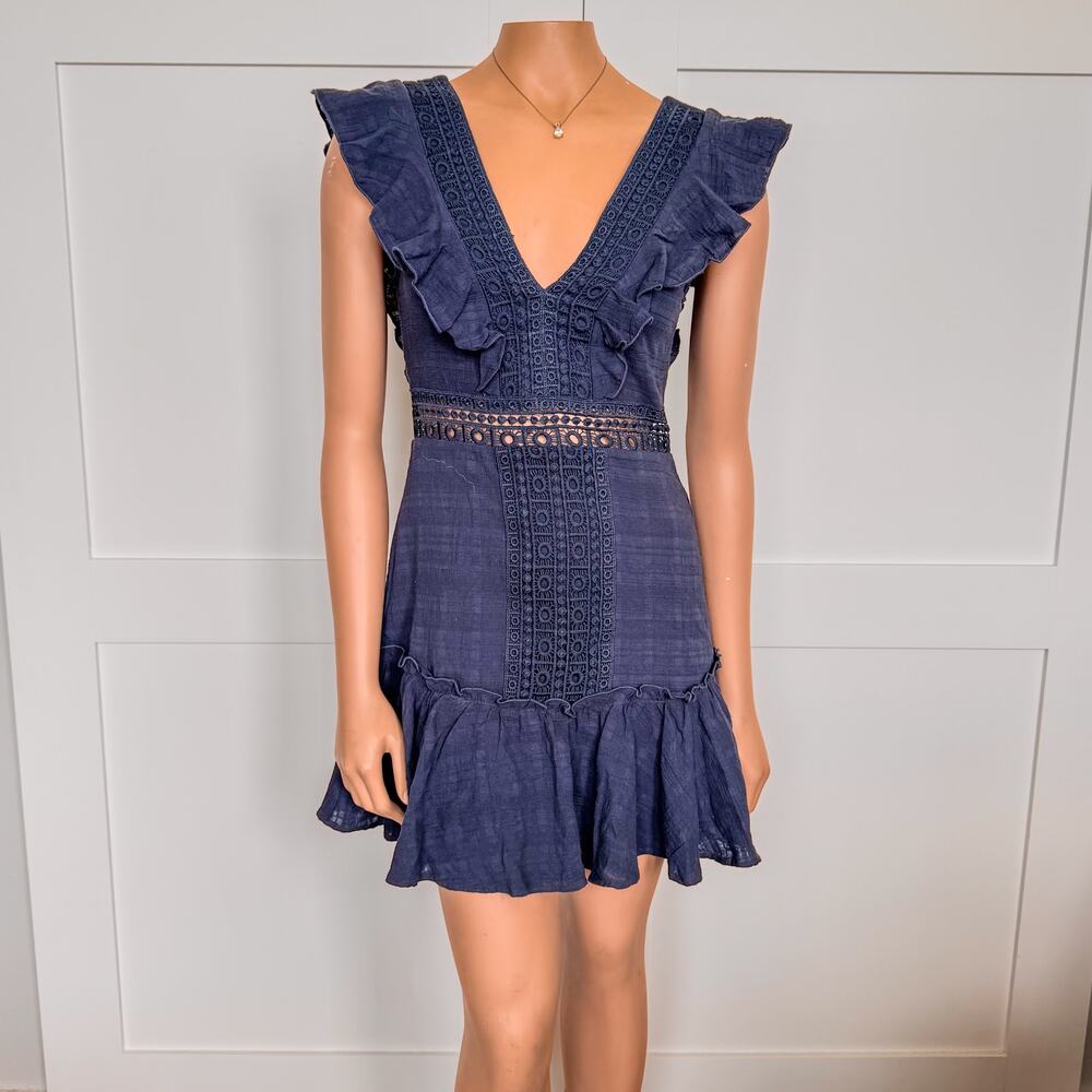 NWT- Audrey Parks of Francesca’s Ritah Crochet Navy Blue Mini Dress, Size Small